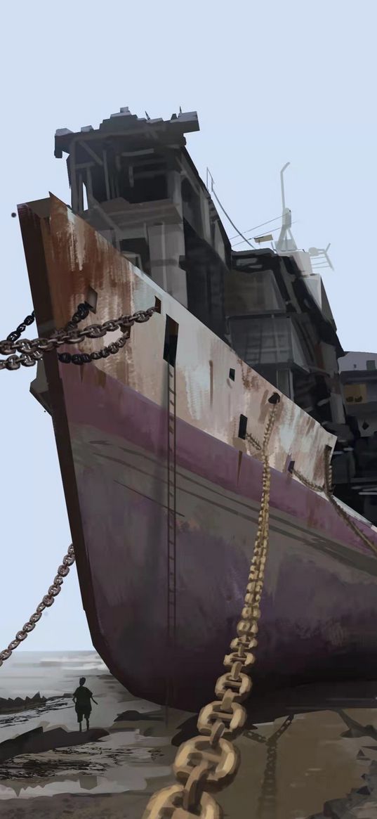 ship, chains, man, silhouette, art