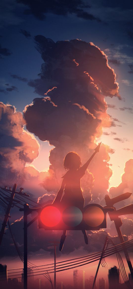 anime, girl, art, sky, cloud, sunset, traffic light