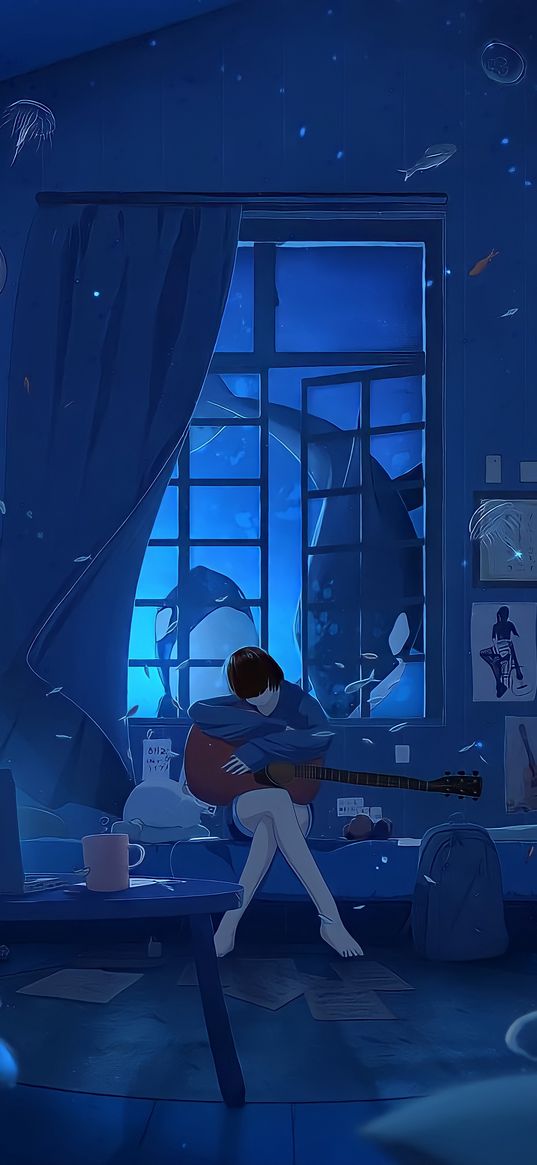 girl, anime, art, guitar, room, night, killer whales, water, jellyfish