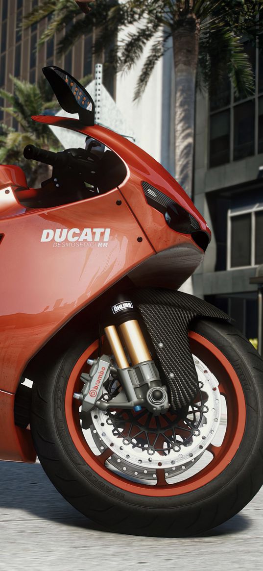 gta, game, ducati, motorcycle, bike, red, palm trees, street