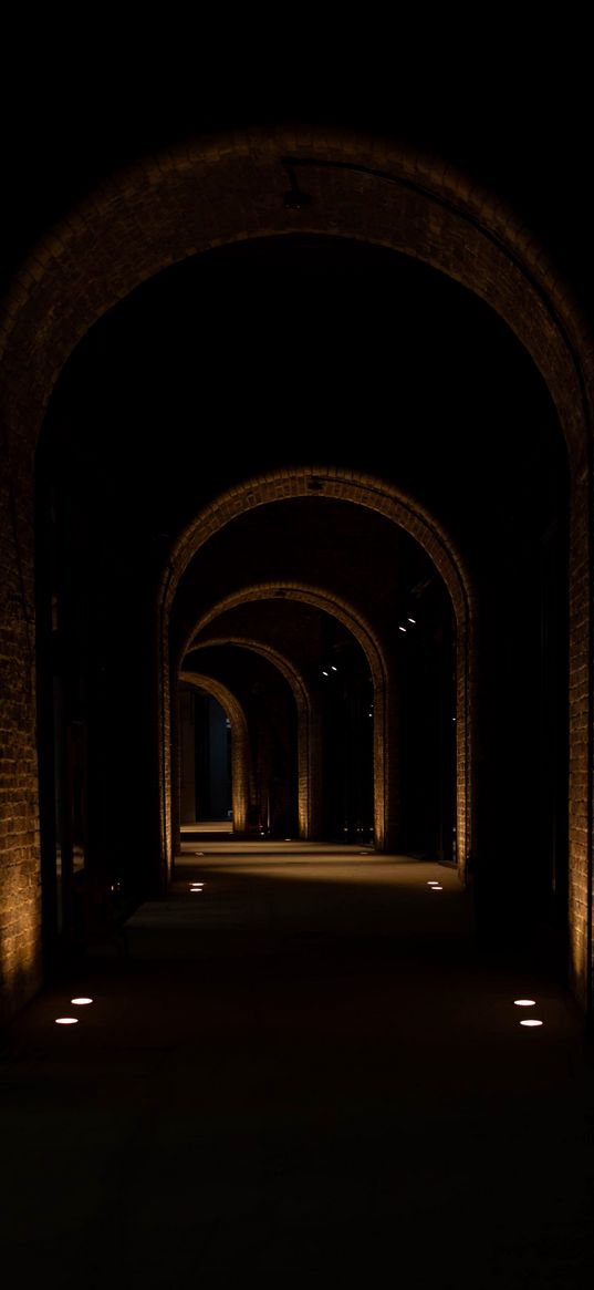 tunnel, arches, glow, dark