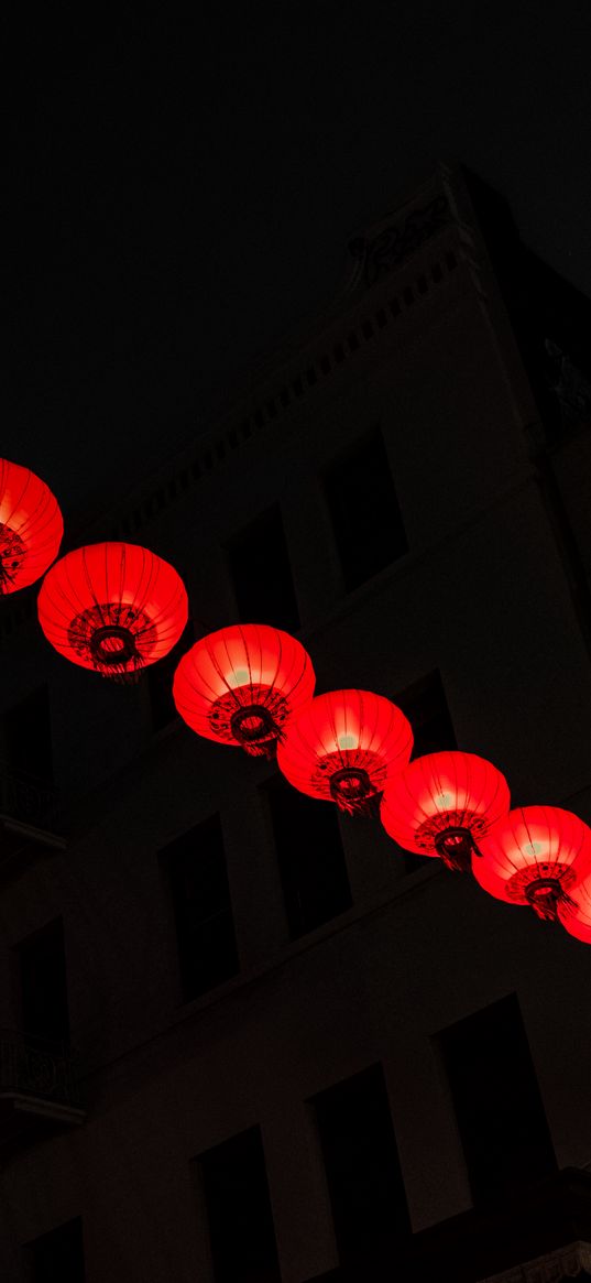 chinese lanterns, street, night, dark, red