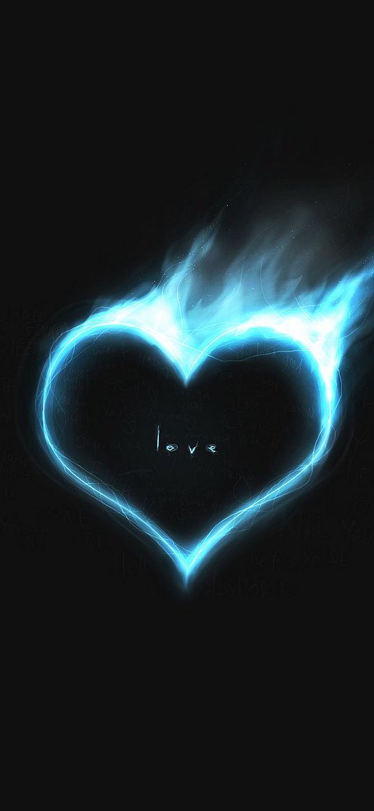 heart, love, blue, fire, flame, burning, black background, art