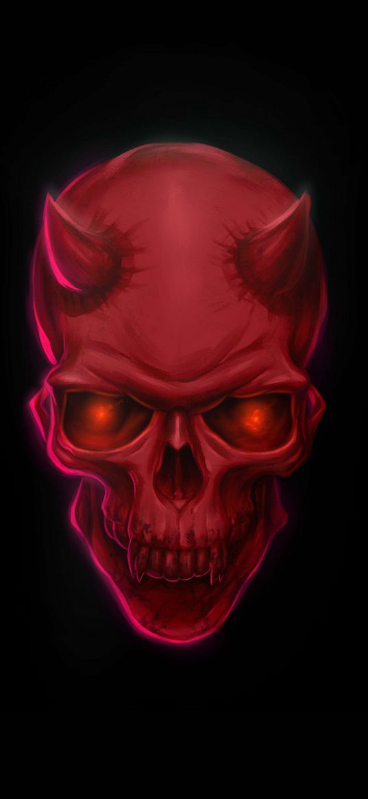 skull, horns, devil, red, black background, art