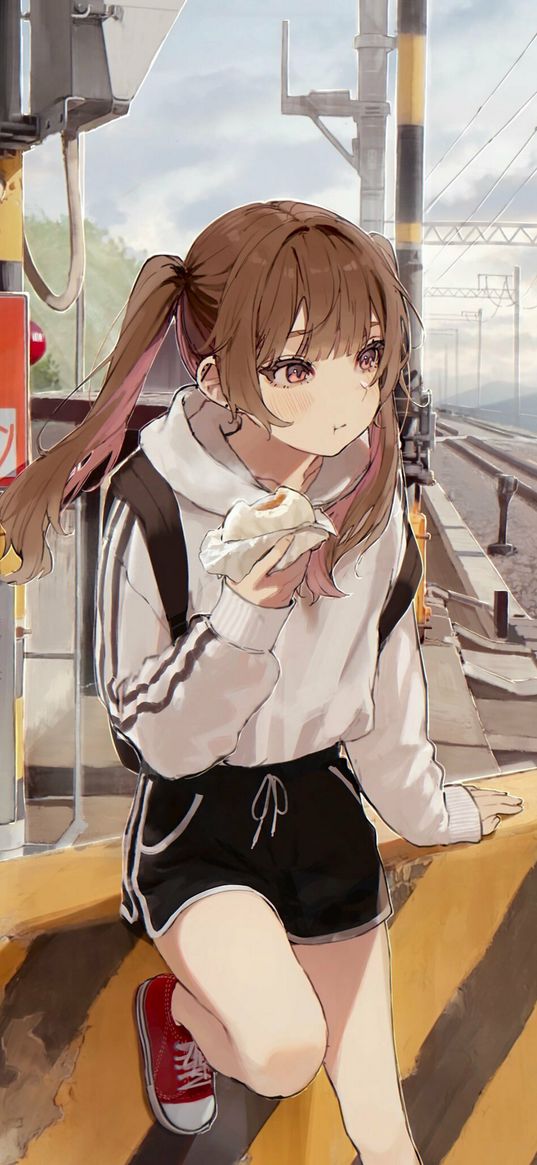 anime, girl, art, burger, railroad