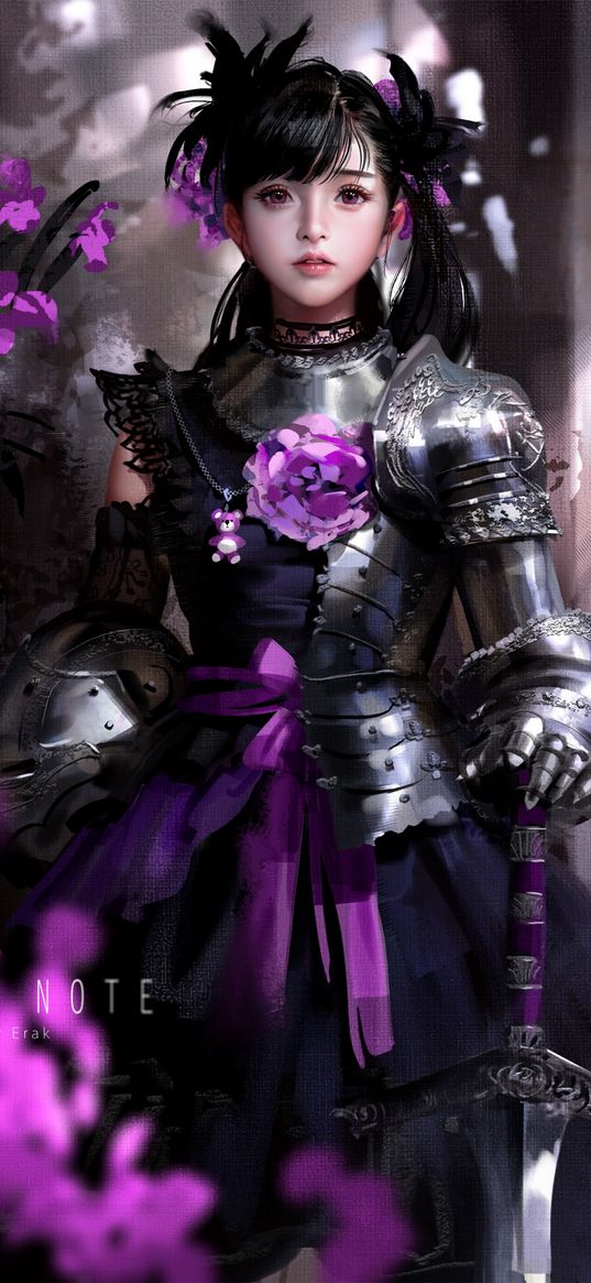 girl, anime, art, knight, armor, sword, flowers, digital art