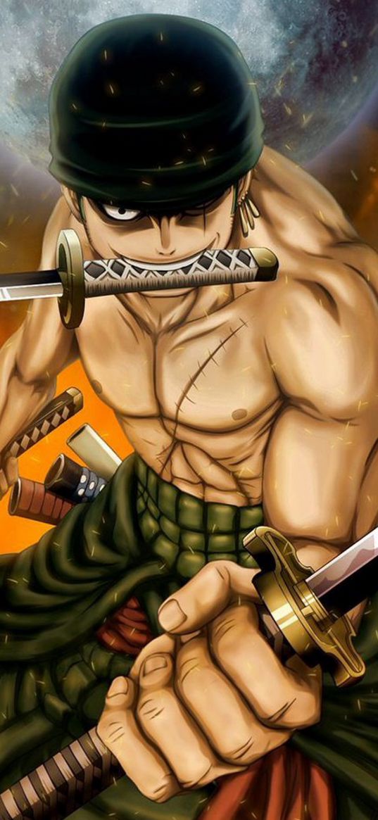 roronoa zoro, one piece, anime, character, sword, moon, spark, art