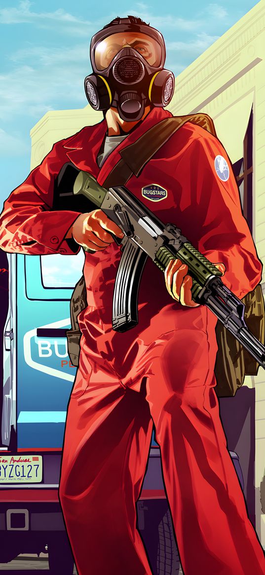 gta 5, art, drawing, machine gun, weapon, red, mask