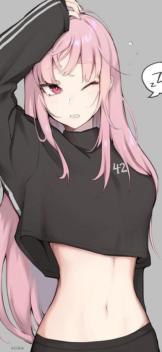 girl, pink hair, tracksuit, sleepy, slim, anime, art