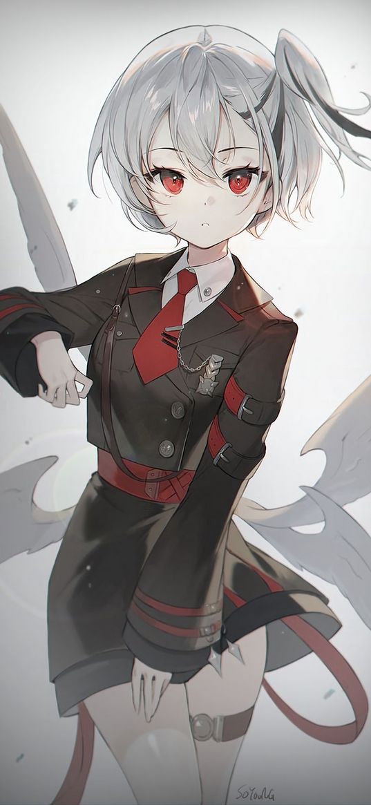 girl, gray hair, red eyes, wings, jacket, skirt, tie, white background, anime, art