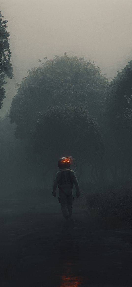 man, space suit, forest, fog, art