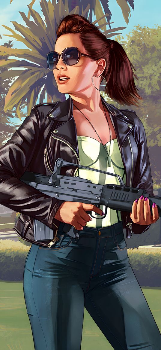 gta, game, girl, leather jacket, machine gun, glasses, car, smoke, art