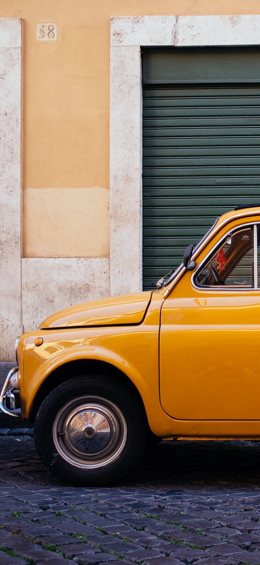 fiat 500, fiat, car, yellow, retro