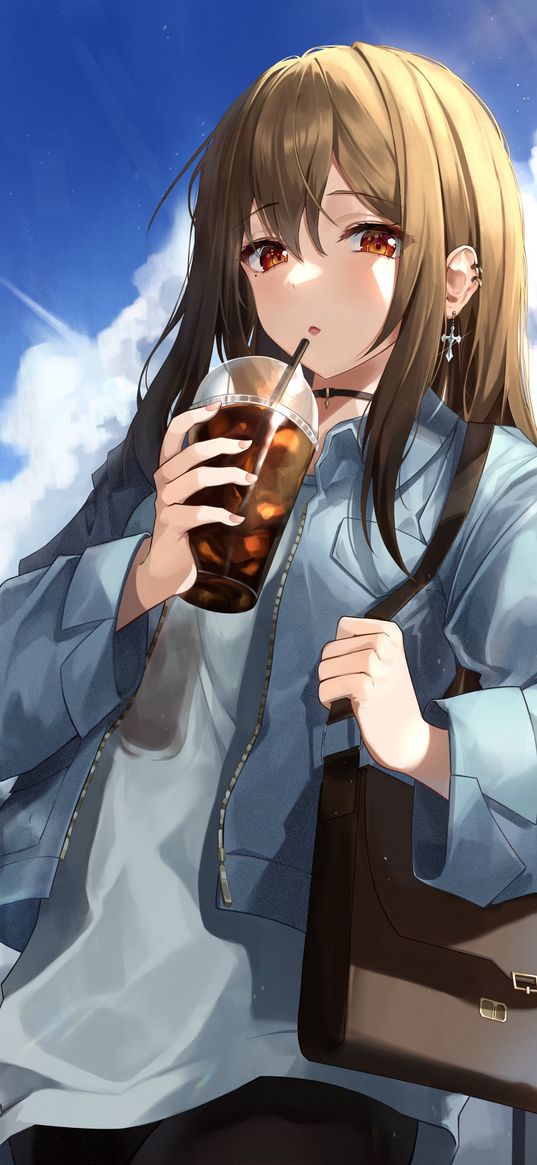 girl, drink, glass, choker, jacket, bag, clouds, sky, anime, art