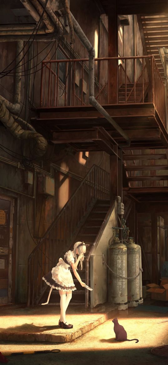 maid, neko, girl, ears, tail, cigarette, smokes, cat, bowl, stairs, street, anime, art