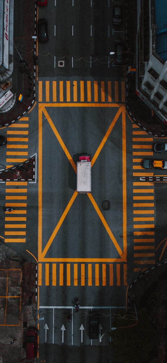 truck, cars, markings, road, houses, street, city, top view