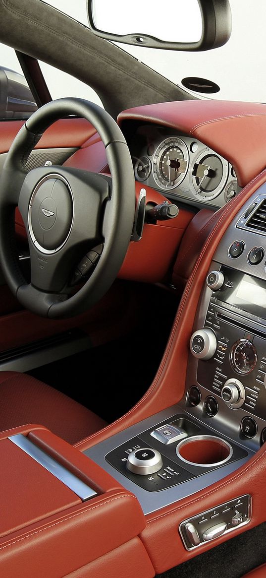 aston martin, rapide, 2009, red, salon, interior, steering wheel, speedometer