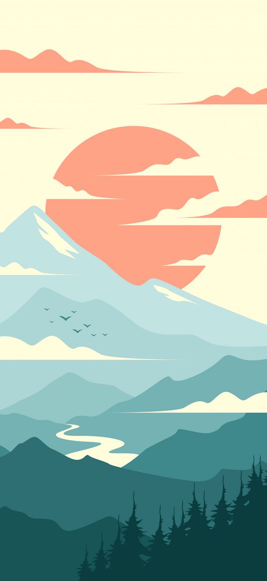 mountain, sun, forest, art, vector