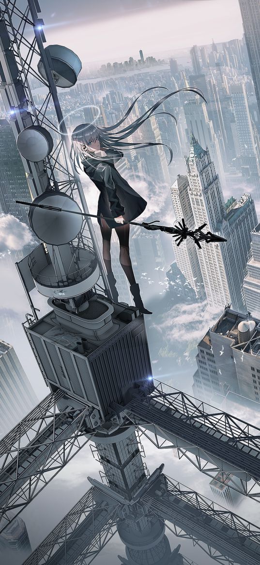 anime, girl, art, city, high