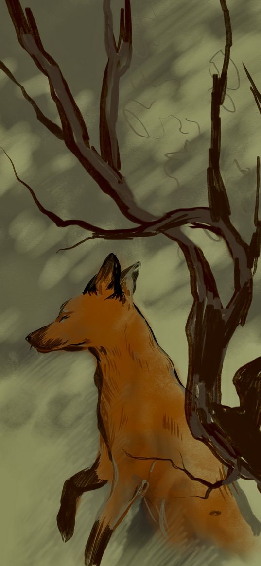 fox, tree, well, light, art