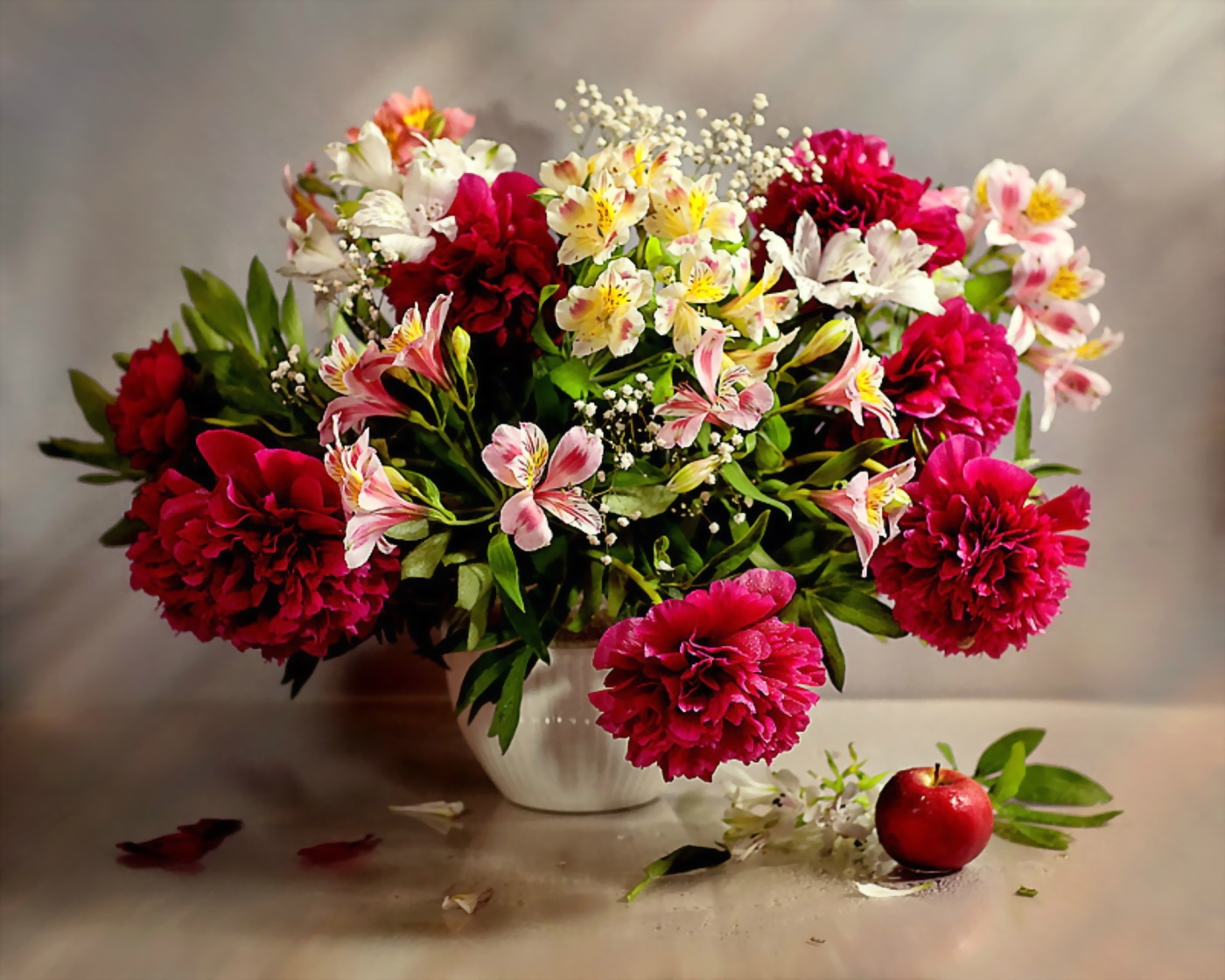 peonies, flowers, gypsophila, vase, apple, still life