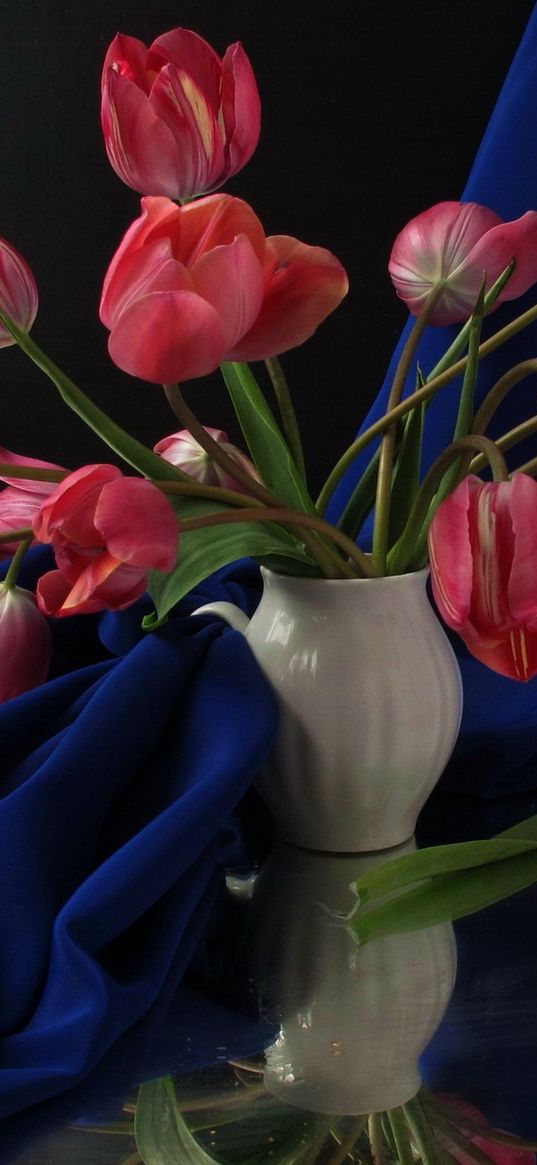 tulips, flowers, vase, fabric, table, reflection