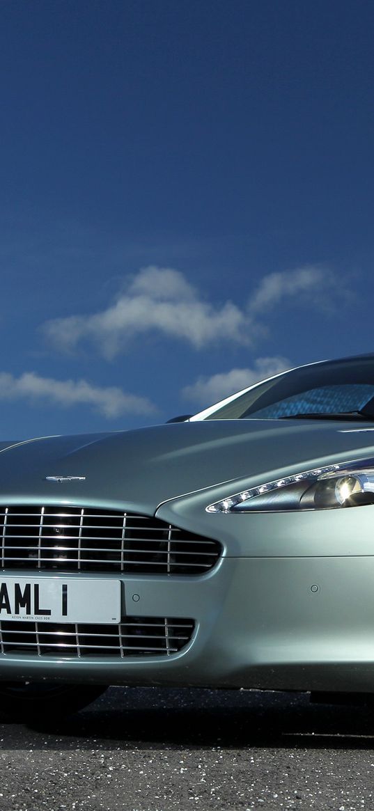 aston martin, rapide, 2009, green metallic, front view, style, sky