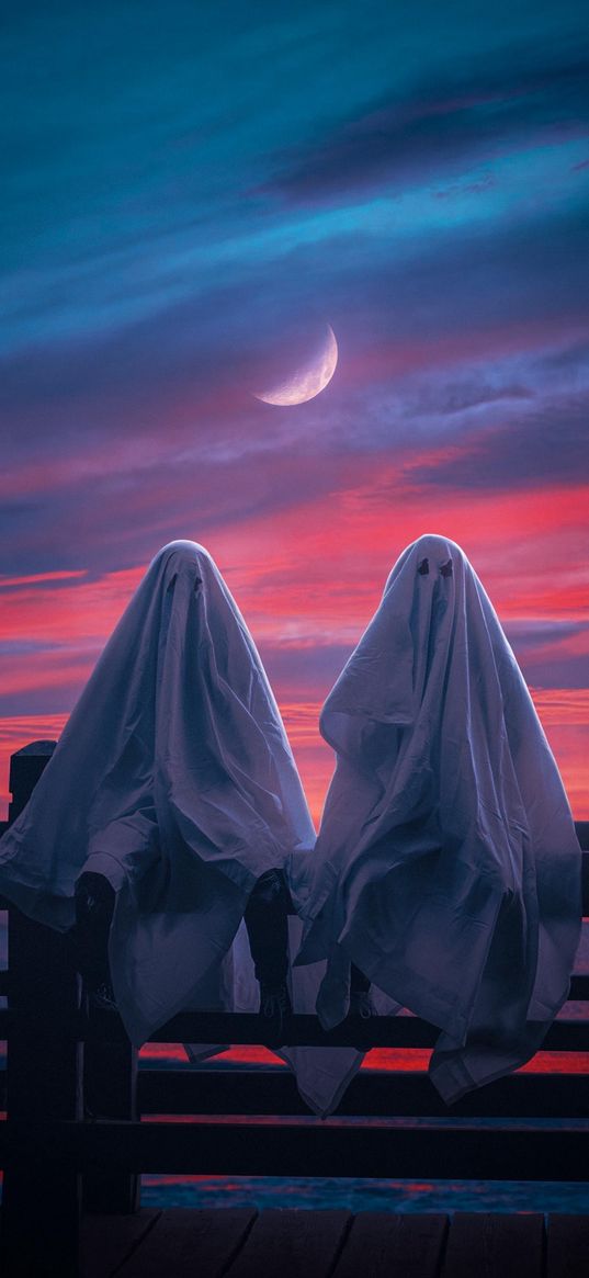 ghosts, fence, moon, clouds, sunset, art