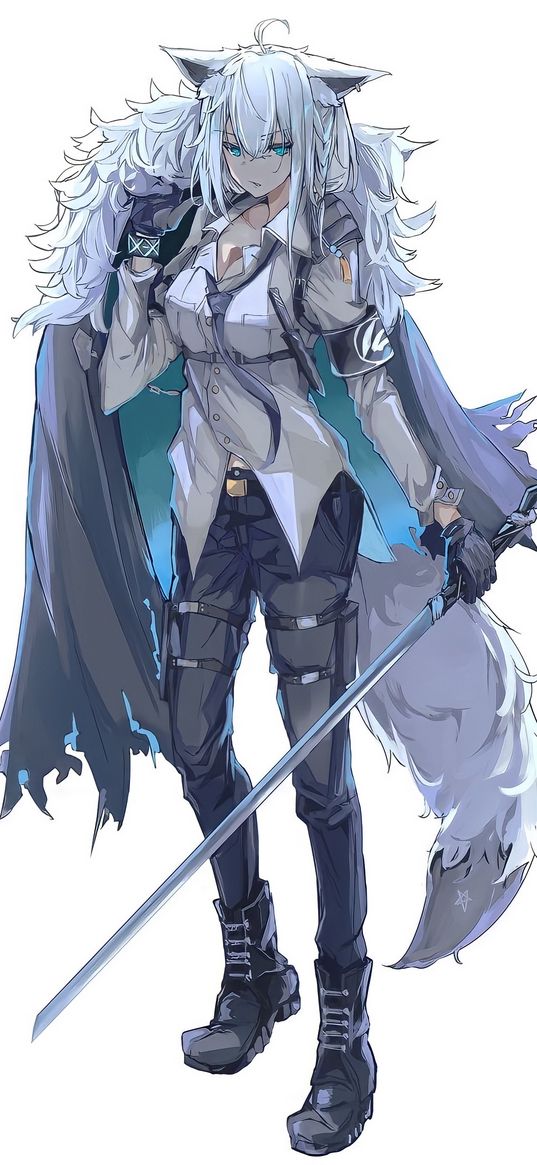 indra, arknights, game, anime, neko, girl, gray hair, ears, tail, fur coat, sword, art