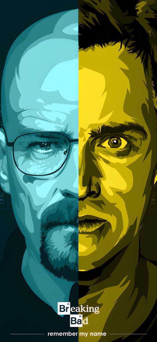 walter white, jesse pinkman, breaking bad, tv series, face, blue, yellow, art