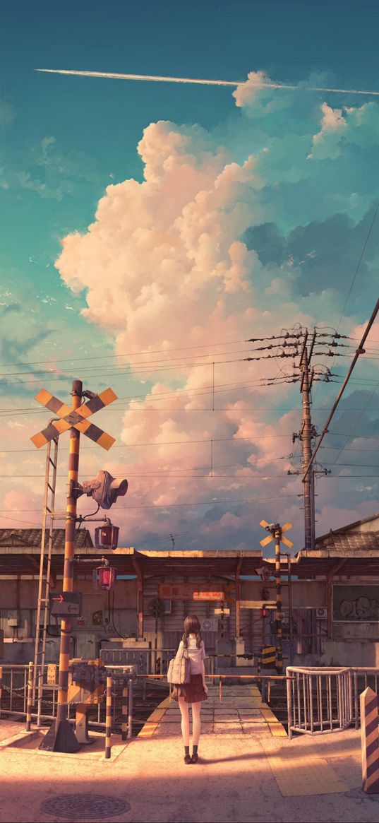 girl, backpack, railway, station, clouds, sky, evening, sunset, anime, art