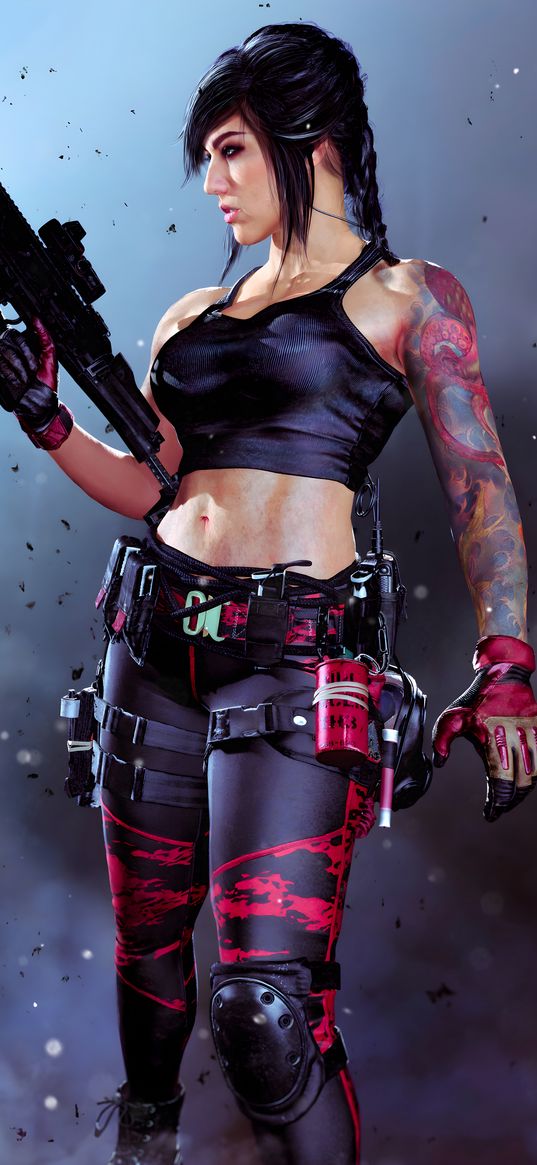 mara, call of duty, game, girl, soldier, tattoo, weapon, art