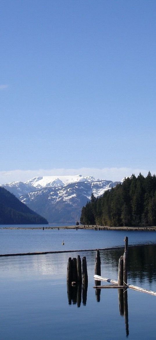 lake, water smooth surface, mountains, trees