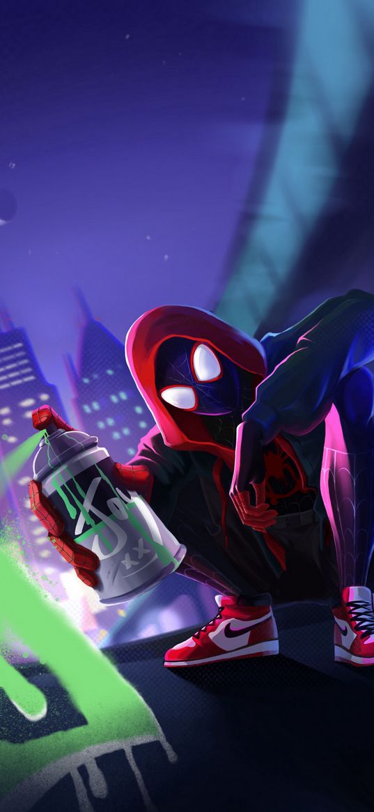 miles morales, spider-man, spiderman, superhero, marvel, paint, graffiti, city, night, art