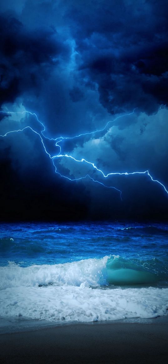 sea, waves, clouds, thunderstorm, lightning, storm, element, nature