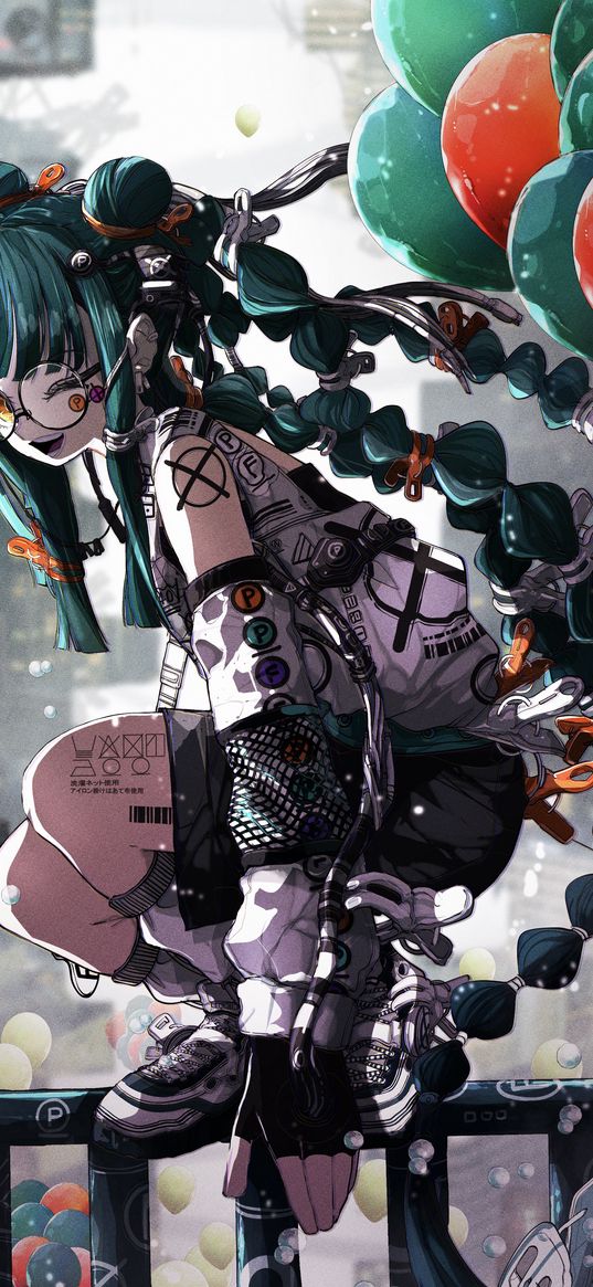 girl, green hair, pigtails, glasses, laughing, balloons, fence, city, cyberpunk, anime, art