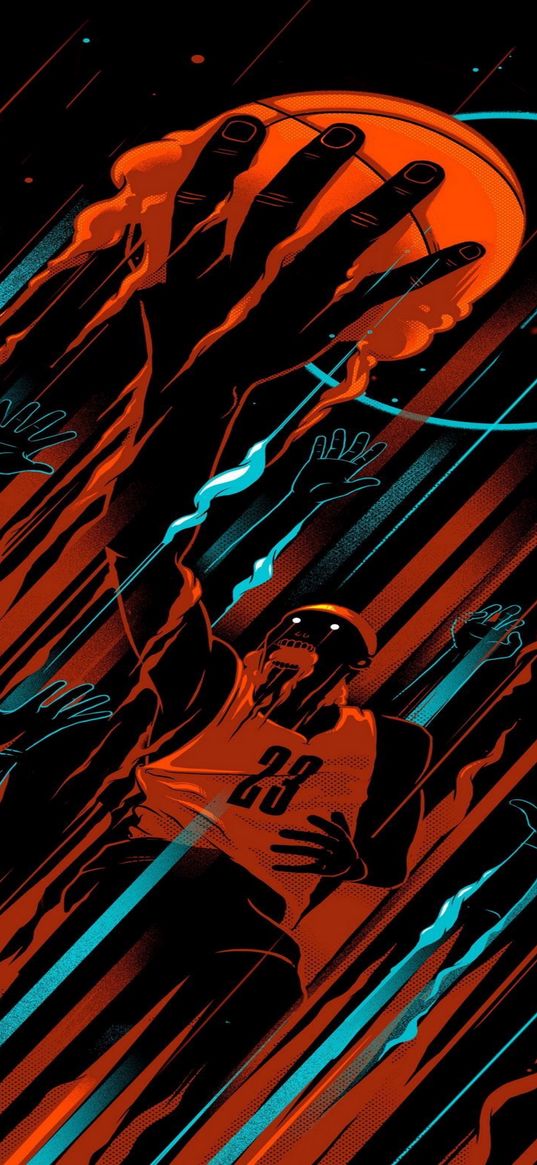 basketball player, slam dunk, ball, ring, basketball, sport, lines, orange, black, turquoise, art