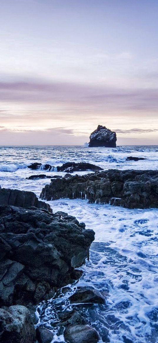 rocks, coast, sea, evening, cold, foam, gloomy