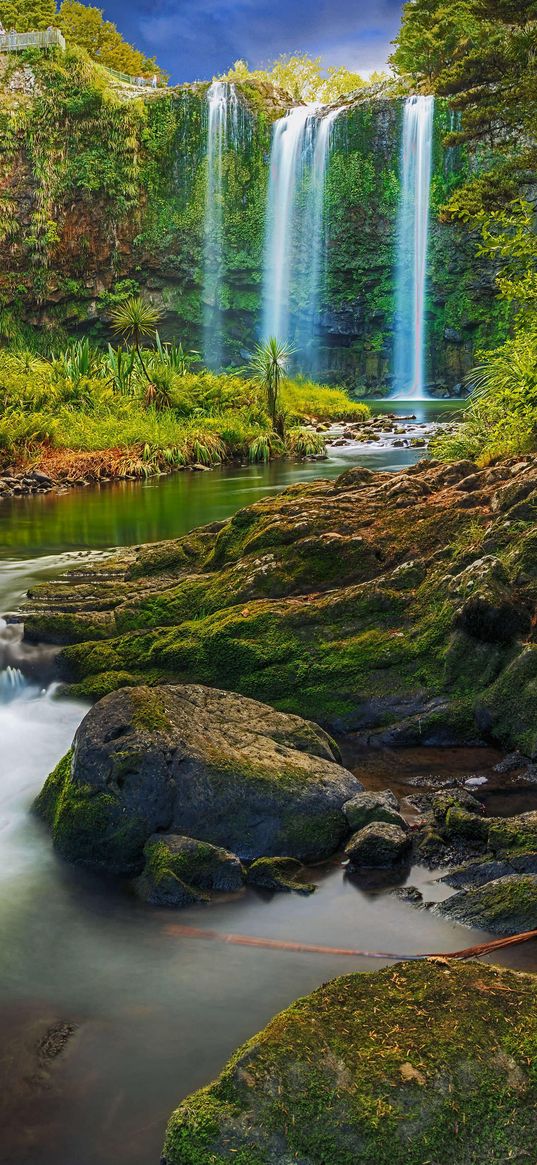 waterfall, stream, rocks, forest, nature