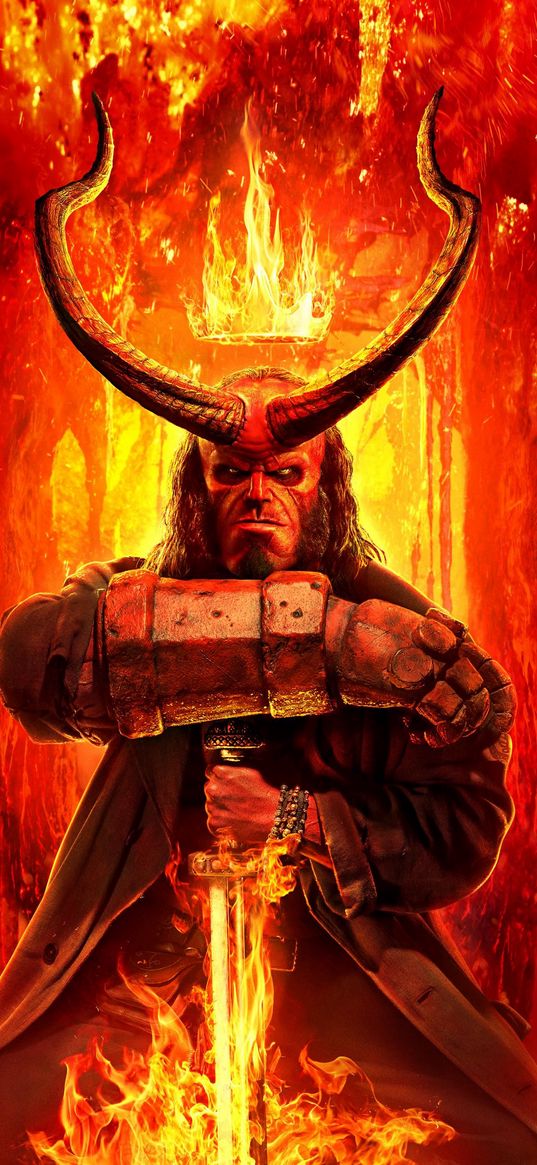 hellboy, movie, devil, crown, horns, sword, fire, poster