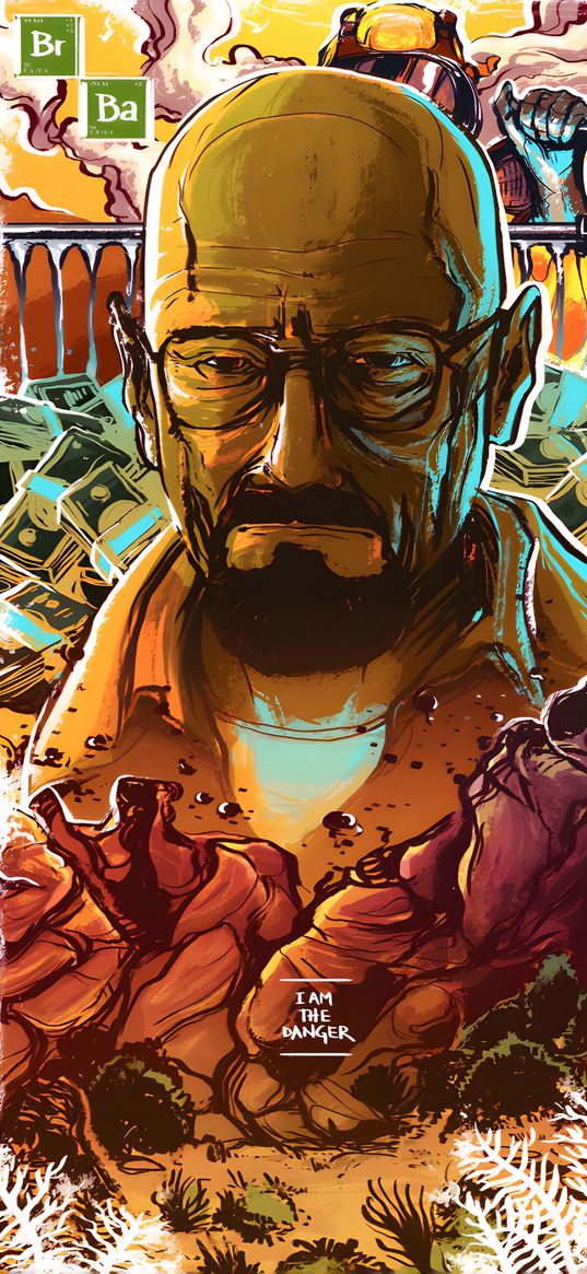 heisenberg, walter white, breaking bad, tv series, man, glasses, money, bright, colorful, drawing, art