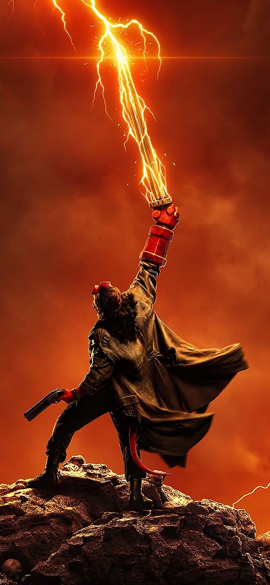 hellboy, movie, devil, gun, sword, lightning, clouds, rock, art