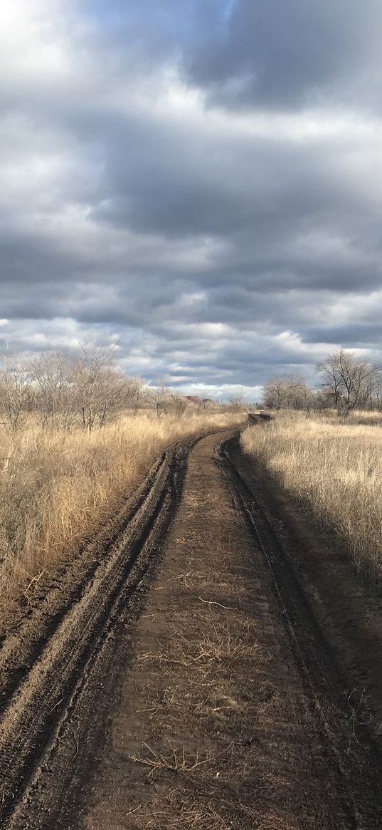 road, mud, field, trees, dry, spring, clouds, sky, nature