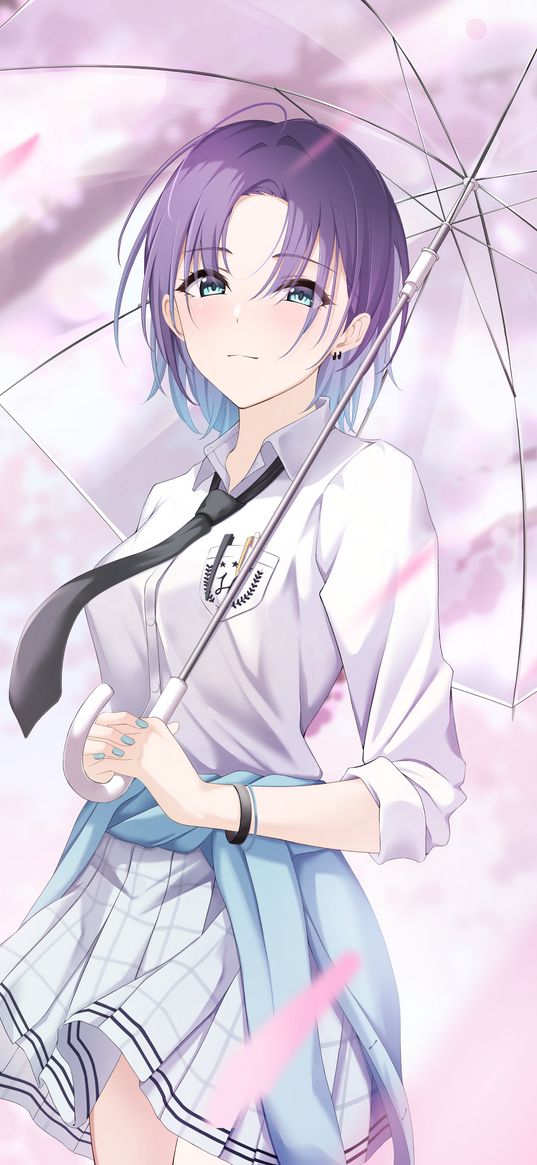 toru asakura, idolmaster, anime, girl, umbrella, purple hair, blue eyes, skirt, beautiful, cute, art