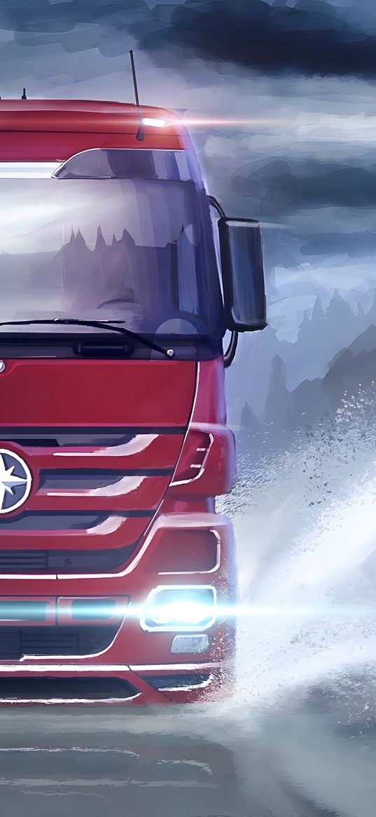 euro truck simulator, game, truck, car, red, forest, winter, snow, spray, drawing, art