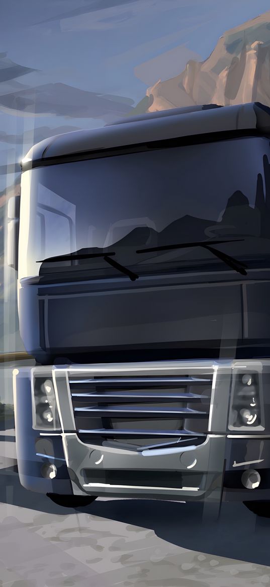 euro truck simulator, game, truck, trailer, black, driver, resting, road, mountains, landscape, drawing, art