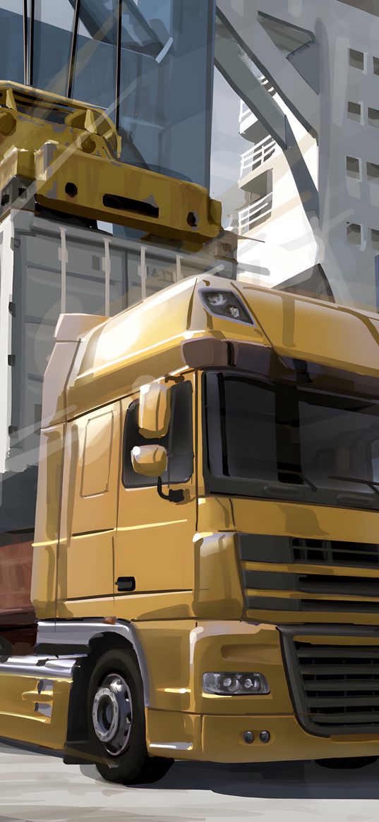 euro truck simulator, game, truck, car, yellow, port, ship, crane, art, drawing