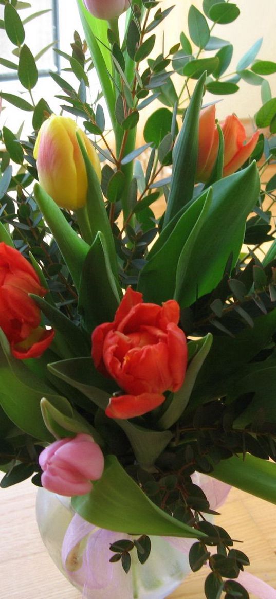 tulips, flowers, bouquets, greens, vase, beauty