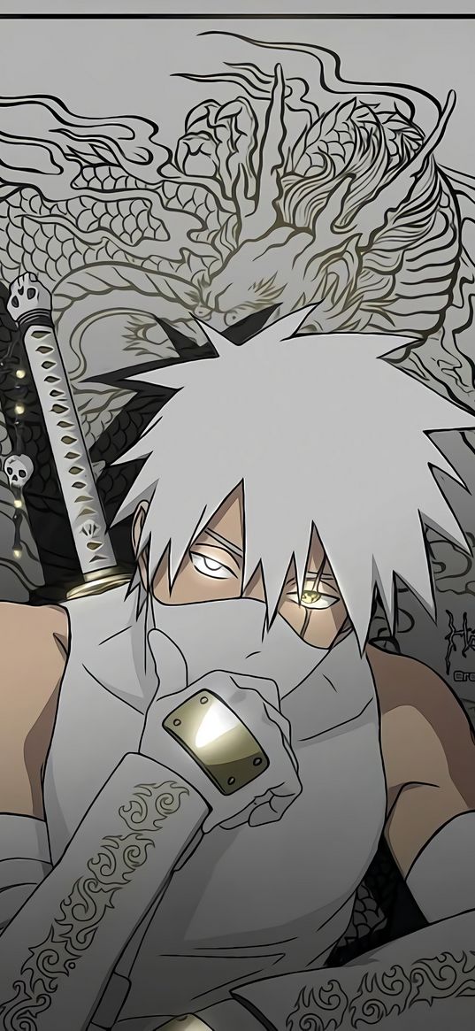 kakashi hatake, naruto, anime, mask, sharingan, dragon, white, gold, art