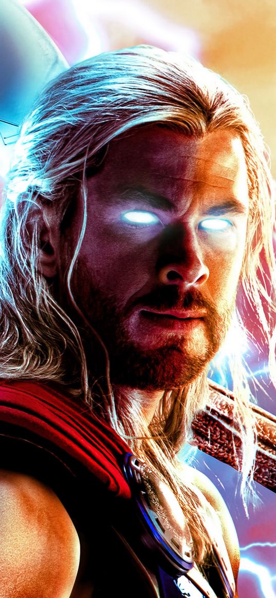 thor, superhero, god of thunder, eyes, light, avengers, marve